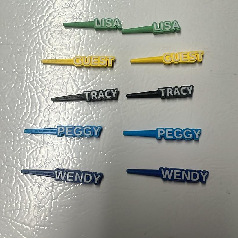 Matched pairs of personalized cribbage pegs named LISA, GUEST, TRACY, PEGGY and WENDY in green, yellow, black, blue and dark blue
